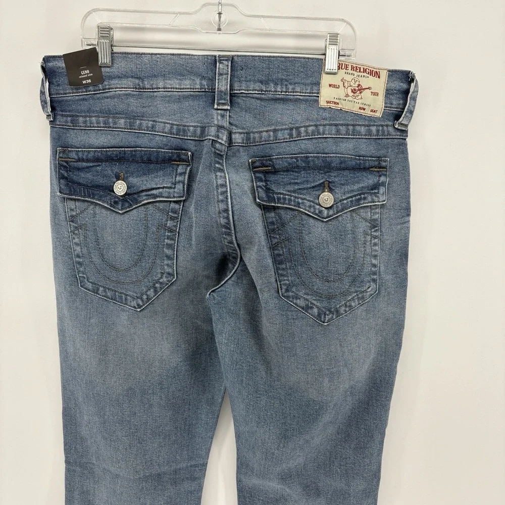 New True Religion Geno Relaxed Slim Jeans Men 36X34 Distressed Big T Flap Pocket